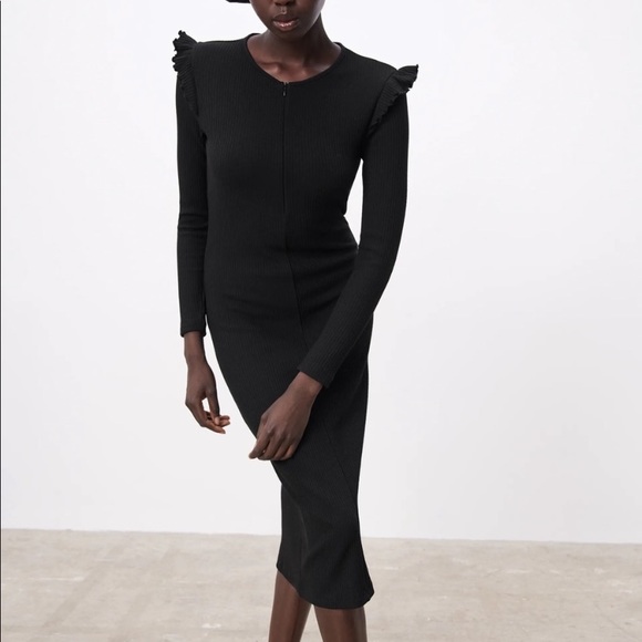 zara ribbed dress with ruffles Zara | Dresses | Zara Black Ribbed Dress With Ruffles Nwt